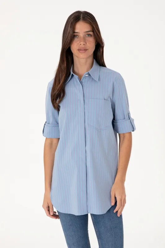 Рубашка из смесового хлопка в полоску удлиненная - G082SZ0040LIPPE Сорочка жен. (VR036, 40)