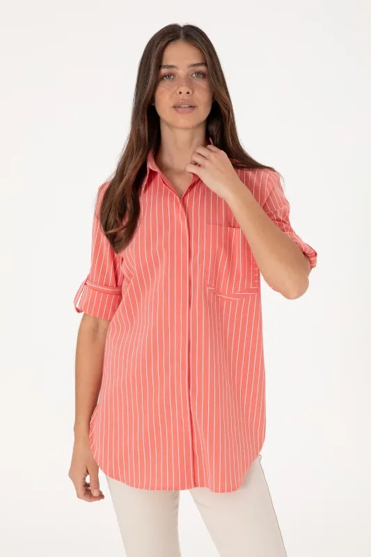 Рубашка из смесового хлопка в полоску удлиненная - G082SZ0040LIPPE Сорочка жен. (VR213, 38)