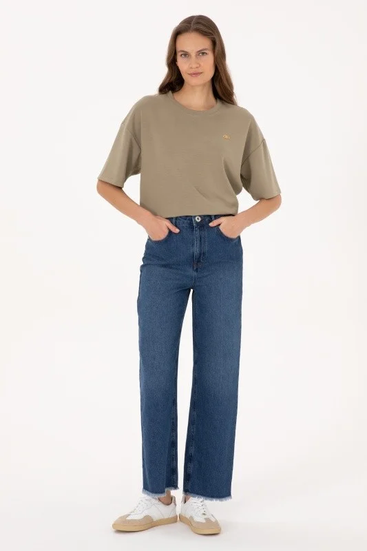 Джинсы широкие с бахромой по низу - G082SZ0800LOOSE25K Джинсы жен. (DN0022, 32)