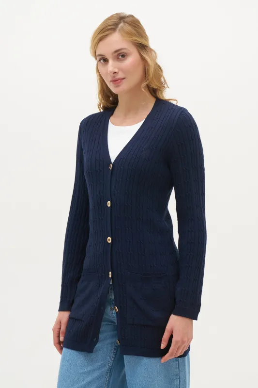 Кардиган на пуговицах из хлопка с узором косичка удлиненный - G082SZ0TH0SH0124K Кардиган жен. (VR033, 2XS)