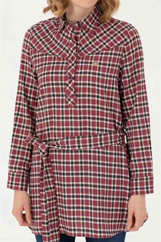 Рубашка из хлопка в клетку с поясом удлиненная - G082SZ0040KERMEKINA-T Сорочка жен. (VR014, 36)