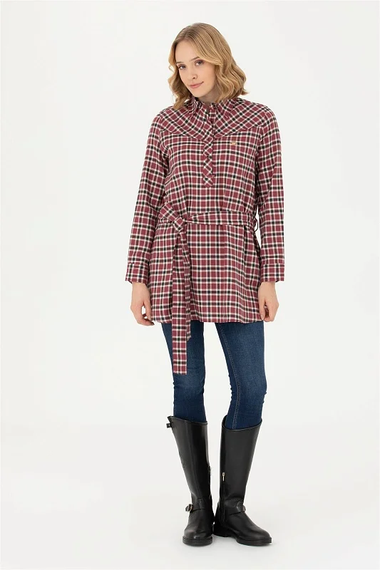 Рубашка из хлопка в клетку с поясом удлиненная - G082SZ0040KERMEKINA-T Сорочка жен. (VR014, 36)