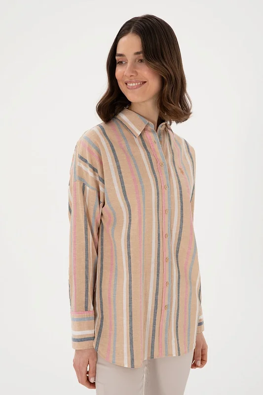 Рубашка из хлопка с добавлением льна в полоску свободная - G082SZ0040ART_FOLAS Сорочка жен. (VR202, 42)