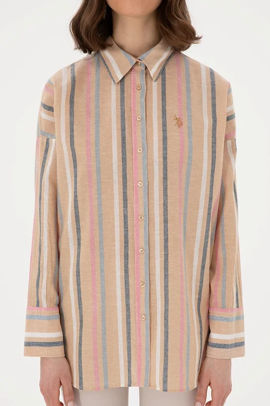Рубашка из хлопка с добавлением льна в полоску свободная - G082SZ0040ART_FOLAS Сорочка жен. (VR202, 42)