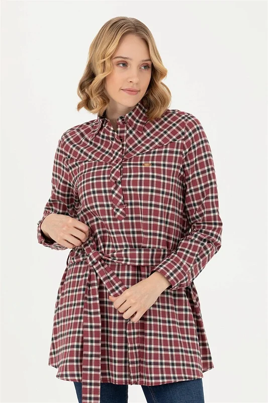 Рубашка из хлопка в клетку с поясом удлиненная - G082SZ0040KERMEKINA-T Сорочка жен. (VR014, 36)