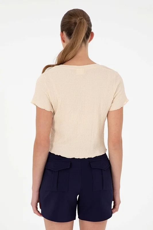 Футболка укороченная из жатой ткани - G082SZ0110PETU Футболка жен. (VR090, XS)