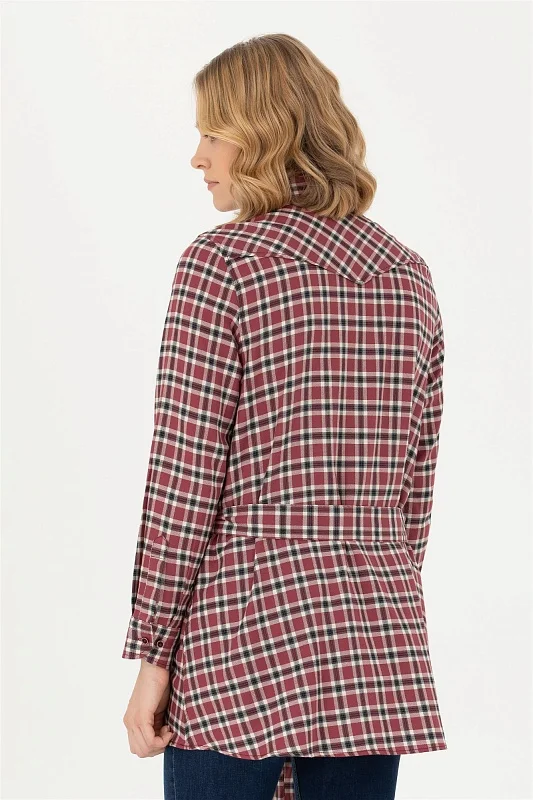 Рубашка из хлопка в клетку с поясом удлиненная - G082SZ0040KERMEKINA-T Сорочка жен. (VR014, 36)