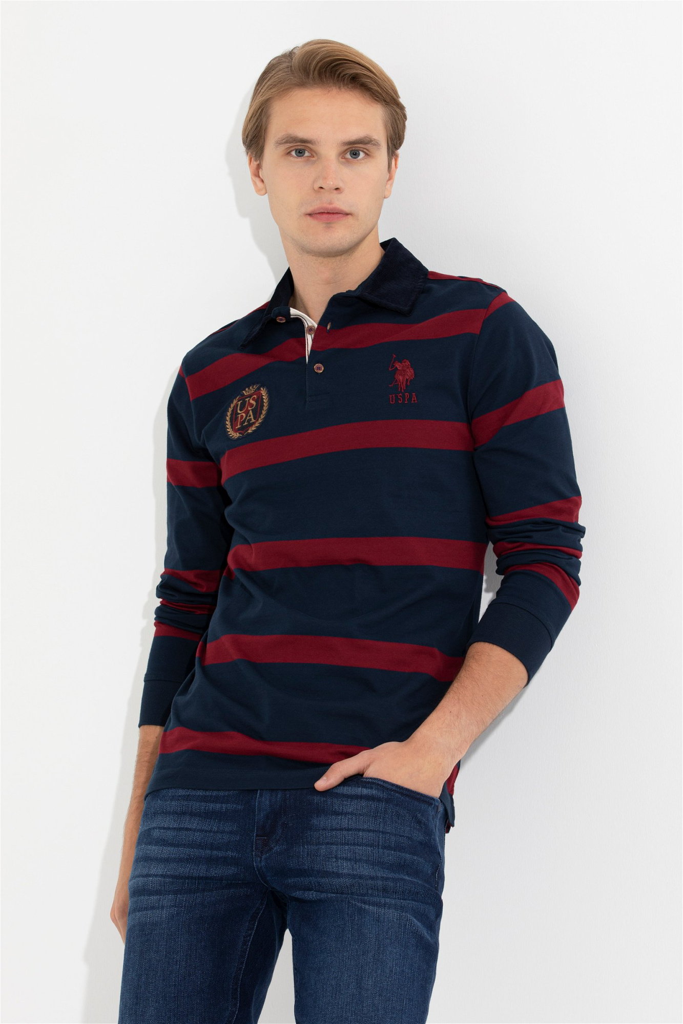 Поло с длинным рукавом в полоску U.S. Polo Assn., цвет - бордовый, G081SZ0820SWELL.VR014