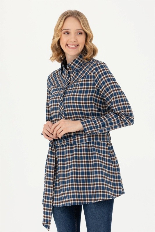Рубашка из хлопка в клетку с поясом удлиненная - G082SZ0040KERMEKINA-T Сорочка жен. (VR033, 34)