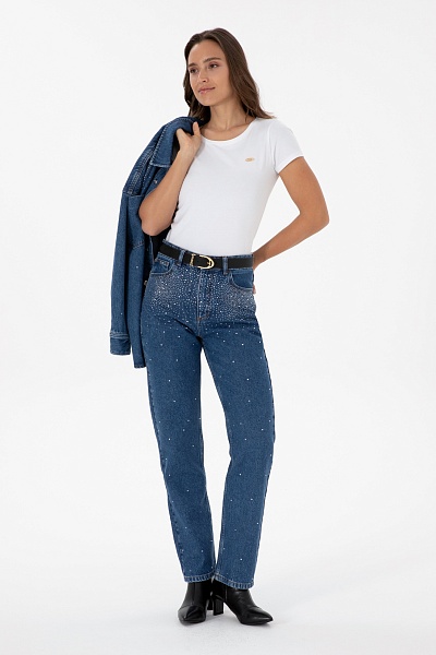 Джинсы с высокой посадкой со стразами прямые  - G082SZ0800AMY25K_P_M Джинсы жен. (DN0022, 40)