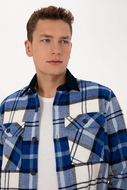 Рубашка-куртка в клетку с вельветовыми деталями - G081SZ0040KADI Сорочка муж. (VR033, L)