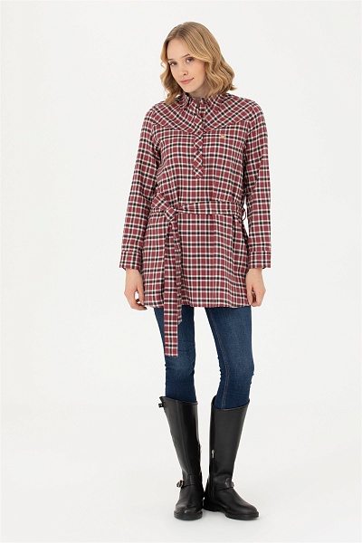 Рубашка из хлопка в клетку с поясом удлиненная - G082SZ0040KERMEKINA-T Сорочка жен. (VR014, 38)