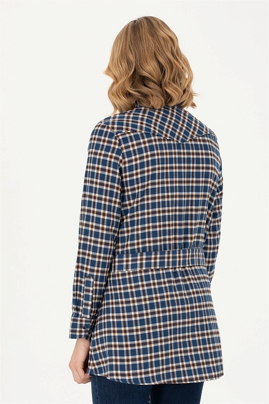 Рубашка из хлопка в клетку с поясом удлиненная - G082SZ0040KERMEKINA-T Сорочка жен. (VR033, 34)