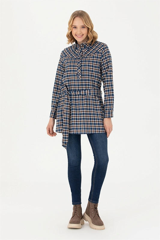 Рубашка из хлопка в клетку с поясом удлиненная - G082SZ0040KERMEKINA-T Сорочка жен. (VR033, 34)