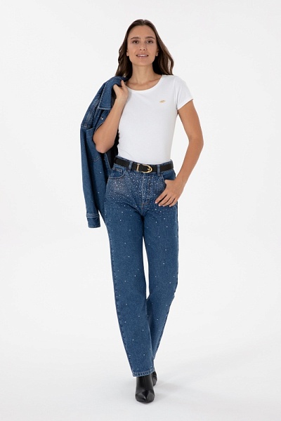 Джинсы с высокой посадкой со стразами прямые  - G082SZ0800AMY25K_P_M Джинсы жен. (DN0022, 34)