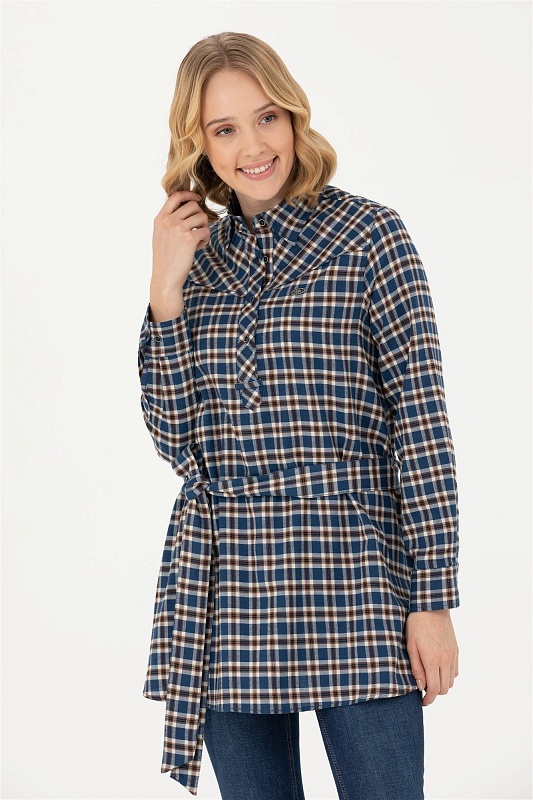 Рубашка из хлопка в клетку с поясом удлиненная - G082SZ0040KERMEKINA-T Сорочка жен. (VR033, 34)