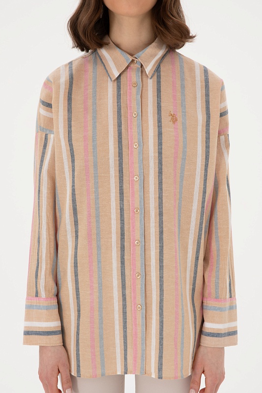 Рубашка из хлопка с добавлением льна в полоску свободная - G082SZ0040ART_FOLAS Сорочка жен. (VR202, 42)