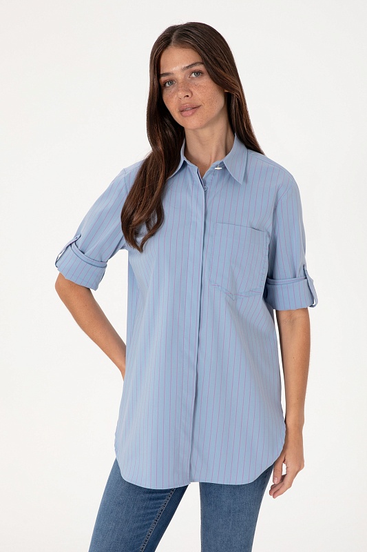Рубашка из смесового хлопка в полоску удлиненная - G082SZ0040LIPPE Сорочка жен. (VR036, 38)