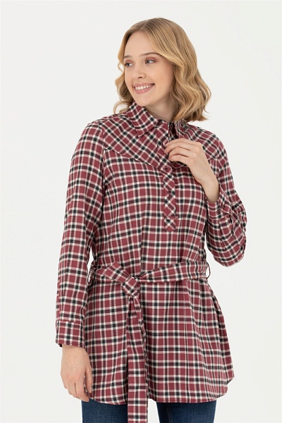 Рубашка из хлопка в клетку с поясом удлиненная - G082SZ0040KERMEKINA-T Сорочка жен. (VR014, 38)