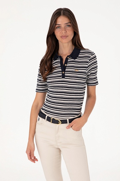 Футболка-поло узорной вязки в полоску - G082SZ0110SORBE Футболка жен. (VR033, L)