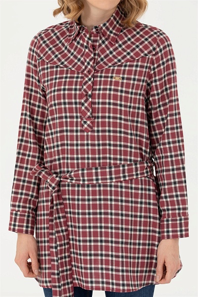 Рубашка из хлопка в клетку с поясом удлиненная - G082SZ0040KERMEKINA-T Сорочка жен. (VR014, 38)