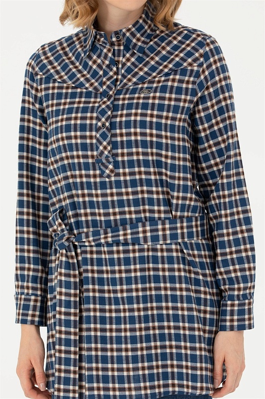 Рубашка из хлопка в клетку с поясом удлиненная - G082SZ0040KERMEKINA-T Сорочка жен. (VR033, 34)